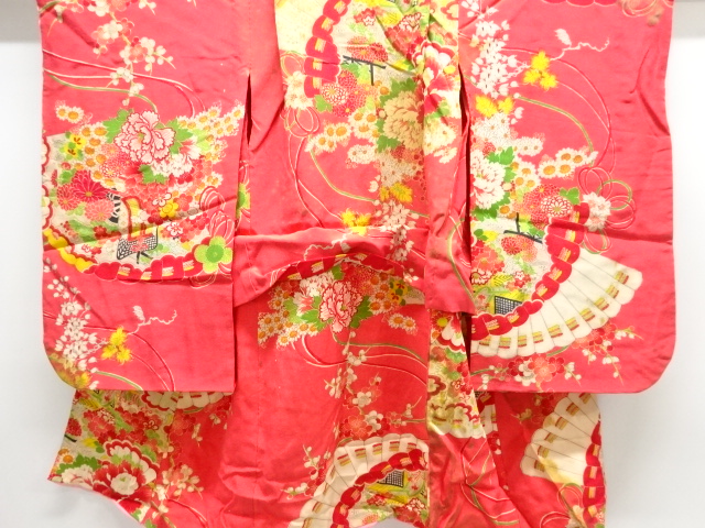 JAPANESE KIMONO / ANTIQUE KIMONO / SILK / KINSHA / FOLDING FAN & FLORAL PALNTS